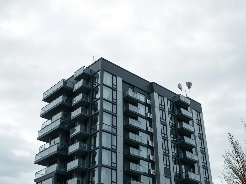 A modern apartment building in British Columbia, steel grey