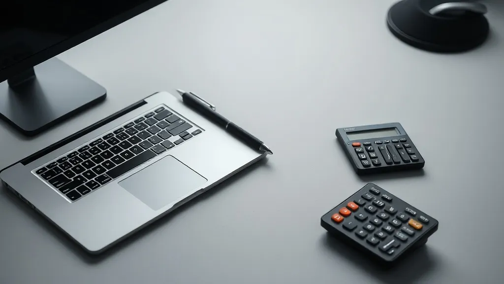 A clean minimalist office desk with a laptop, a notebook, an