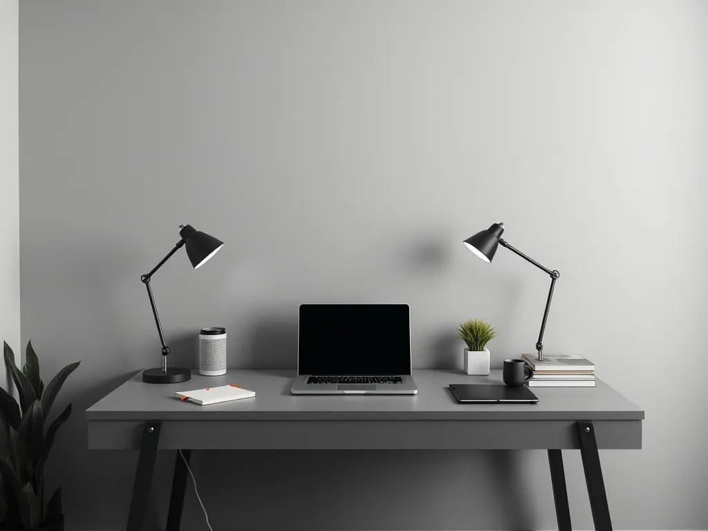 A clean, minimalist home office desk with a laptop, a lamp,