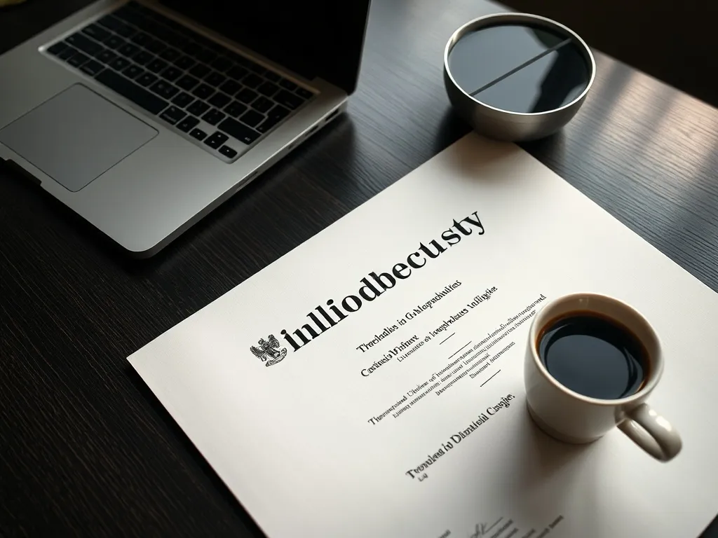 A close up of a university diploma next to a modern laptop a