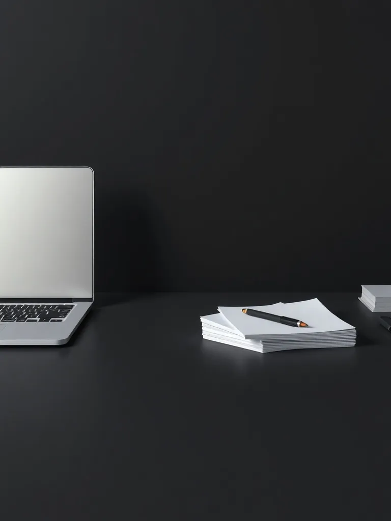 A minimalist dark gray office desk with a silver laptop, a n