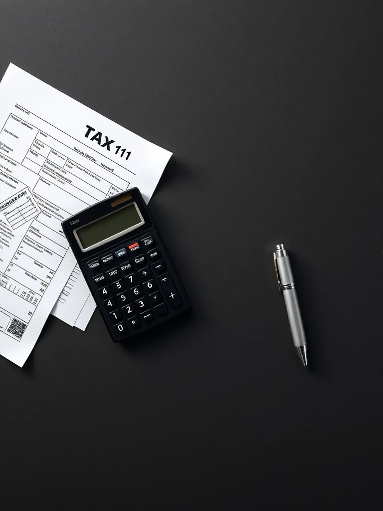 A minimalist overhead shot of Canadian tax forms T1, a calcu